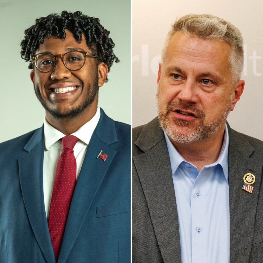 Montez Soliz, left, wearing a blue suit and red tie and U.S. Rep. Eric Sorensen in a gray suit and blue dress shirt