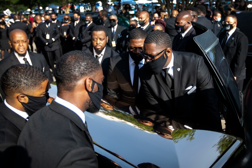 George Floyd's remains arrive for memorial service at the Fountain of Praise Church in Houston, Texas on June 9.