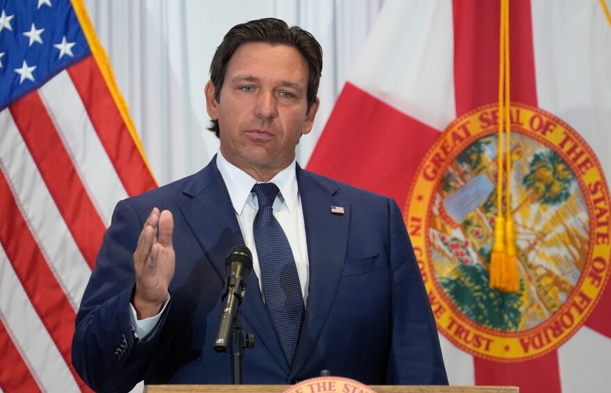 FILE - Florida Gov. Ron DeSantis speaks during a news conference, Aug. 12, 2025, in Tampa, Fla.