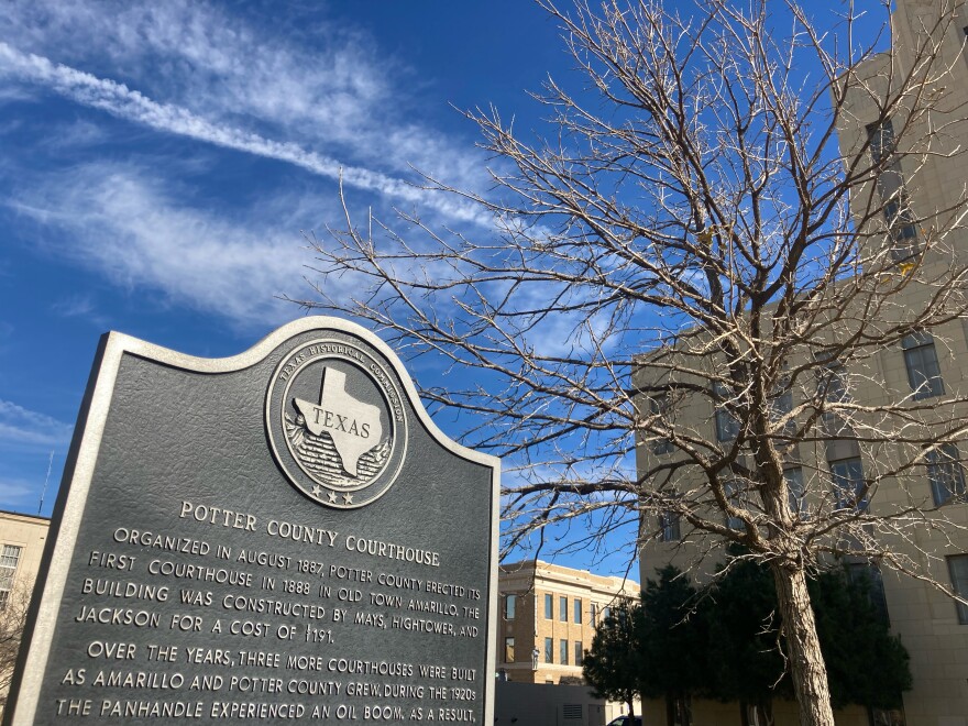 A sign tells the history of the Potter County courthouse in downtown Amarillo, Texas.