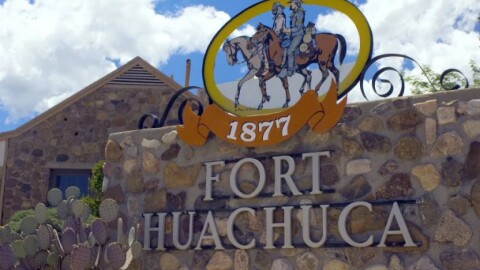 Rock sign with horses reading 1877 Fort Huachuca