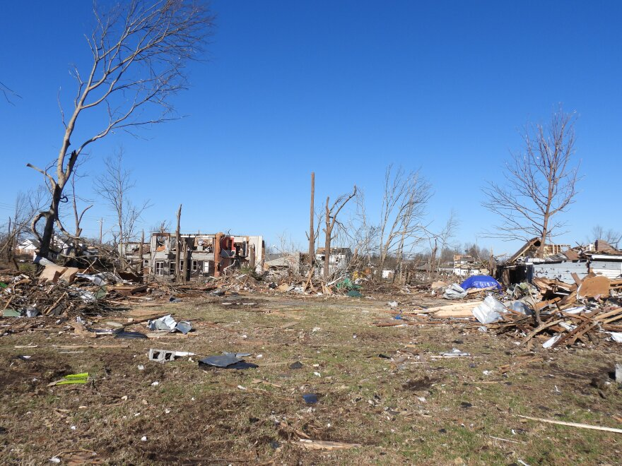 Damage to homes in Mayfield after the December 2021 tornado outbreak.