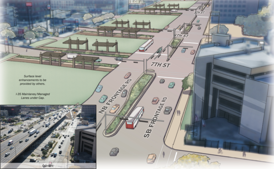 A TxDOT illustration showing caps over I-35 in downtown Austin. The northbound and southbound frontage roads under this proposal would be configured to run side-by-side as a boulevard-style thoroughfare.