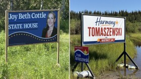 A KUAC composite image shows campaign signs for House District 34 candidates Joy Beth Cottle, who's registered as nonpartisan, and Republican Harmony Tomaszewski, as seen at different spots along Farmers Loop Road July 28, 2026, in Fairbanks, Alaska.