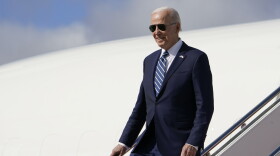 President Joe Biden exits Air Force One as he arrives Hancock Field Air National Guard Base in Mattydale, N.Y., Thursday, Oct. 27, 2022. Biden traveling to visit the Micron chip facility in Syracuse, N.Y. (AP Photo/Manuel Balce Ceneta)