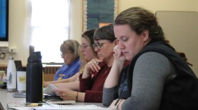 From left, Annette Weigle, Emma Key, Susanna Litwiniak and Caitlin Tumlinson participate in a bargaining session on Tuesday, Mar. 18, 2025 in Soldotna, Alaska.