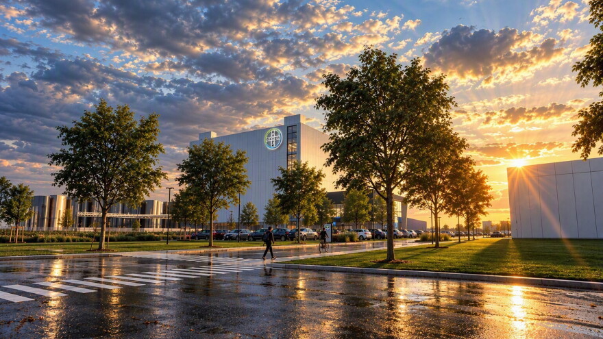 Renderings show a manufacturing plant that Bayer announced in 2026 will be built in New Albany, Ohio.