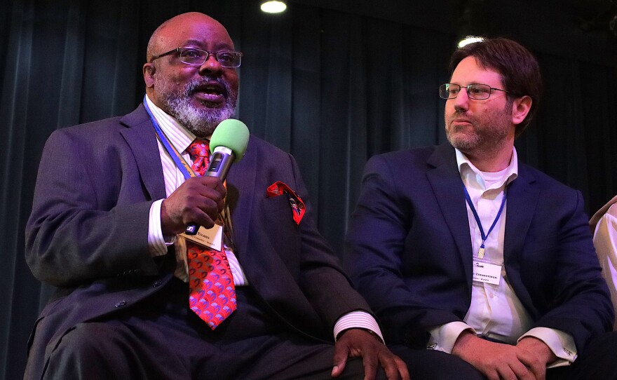 Greg Evans (left) and Tai Pruce-Zimmerman (right), candidates for Ward 6, at City Club of Eugene, April 3, 2026.