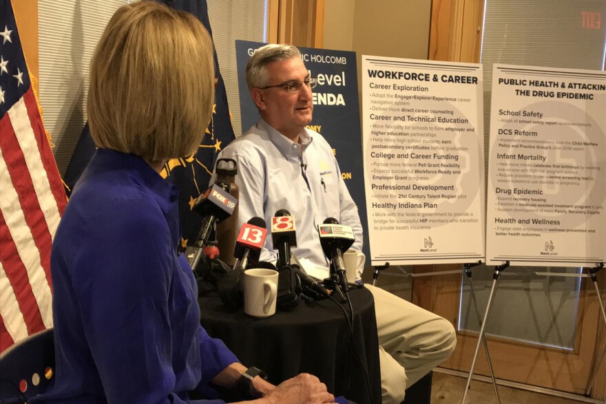 Lt. Gov. Suzanne Crouch and Gov. Eric Holcomb discuss their 2019 policy agenda. (Brandon Smith/IPB News)