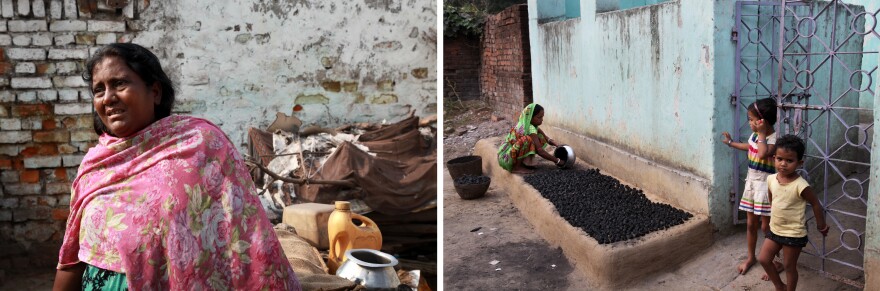 Rita Devi, 40, left, lives dangerously near coal fires in Boka Pahari village and says her son recently died of cancer. Her district suffers some of the highest incidence of chronic disease in the state. The government is evacuating residents but many fear losing their livelihoods. A woman, right, makes charcoal briquettes outside her home to sell as fuel for cooking and heating.