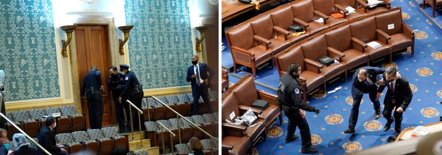 Left: U.S. Capitol Police draw their guns as protesters attempt to enter the House Chamber. Right: Members of congress run for cover as protesters try to enter the House Chamber during a joint session of Congress.