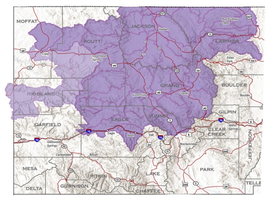 The updated wolf map overlaid on last month's map(difference shown in light purple), displays a movement from the wolves out of Rio Blanco County from last month and stretching further into Larimer County.