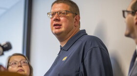 Andy Royer speaks during a news conference regarding the his exoneration on Wednesday, July 21, 2021, inside in Notre Dame Law School's Exoneration Justice Clinic in South Bend, Ind. Attorneys for Rover, a mentally disabled Indiana man whose conviction in the slaying of a 94-year-old woman was overturned last year say a judge’s dismissal of the case means he’s been exonerated in the 2002 killing.