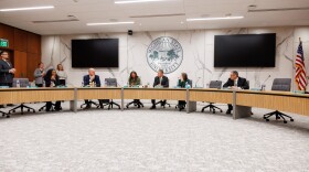 Michigan State University Trustees Rema Vassar, Mike Balow and Brianna Scott, President Kevin Guskiewicz and Trustees Kelly Tebay and Dennis Denno at a meeting of the Board of Trustees in East Lansing, Mich., on Feb. 7, 2025.