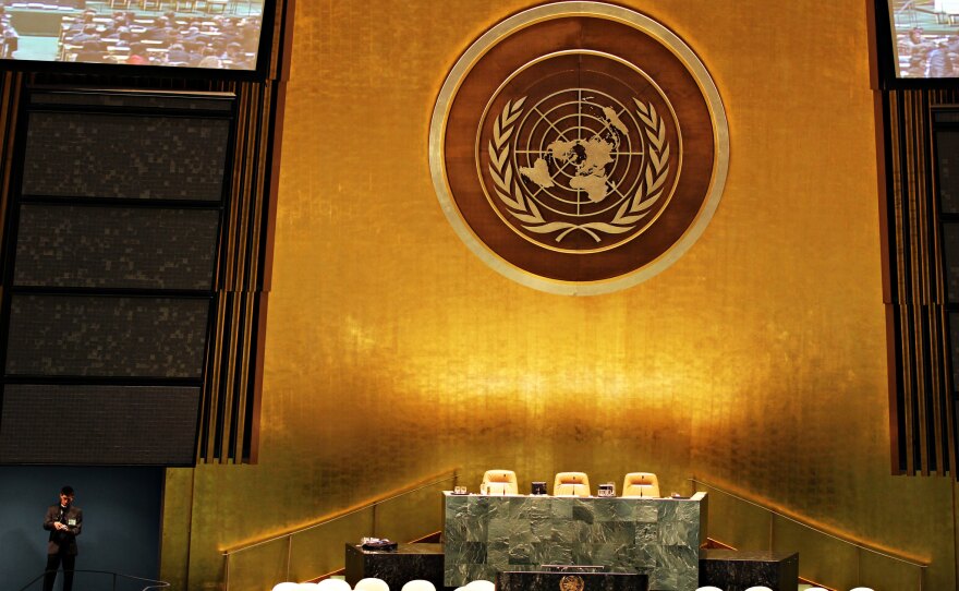 United Nations General Assembly hall in the New York City U.N. headquarters.