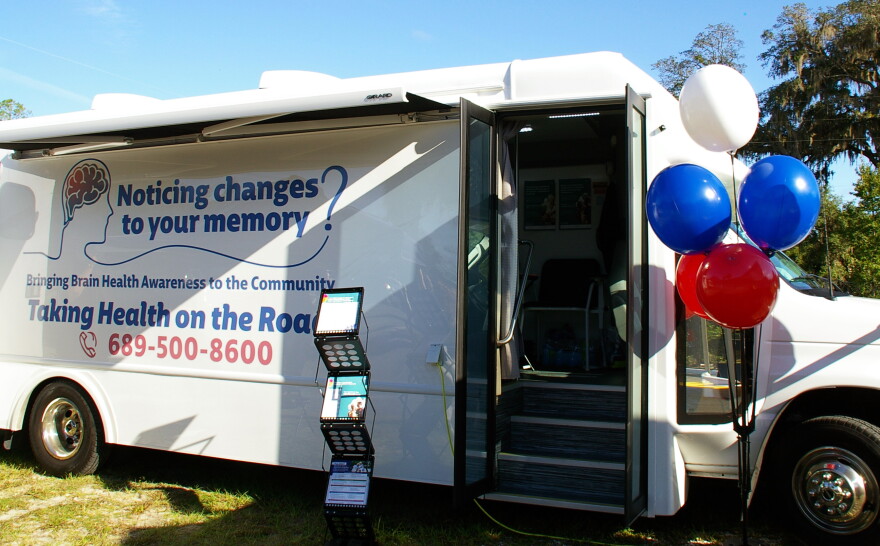 Outside of THOR East, the Florida-based mobile research unit conducts memory screenings in Dunnellon. (Catherine Chapman/WUFT News).