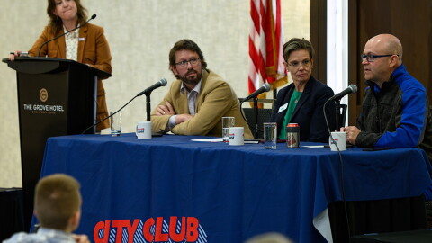 From L-R: Melissa Davlin (moderator), Robert Berry, Dr. Sam Martin, Idaho Secretary of State Phil McGrane