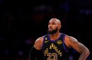 FILE - Los Angeles Lakers forward LeBron James stands on the court in the closing minutes of Game 4 in a second-round NBA basketball playoffs series against the Oklahoma City Thunder, May 11, 2026, in Los Angeles.