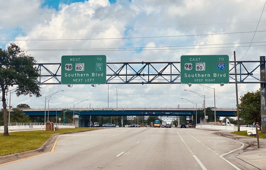 West and South ramp entrance to Southern Boulevard (State Road 80) from Haverhill Road.