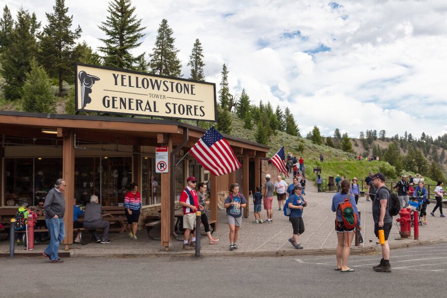 Tourists visit the general store at Tower Fall, Yellowstone National Park, June 2018.