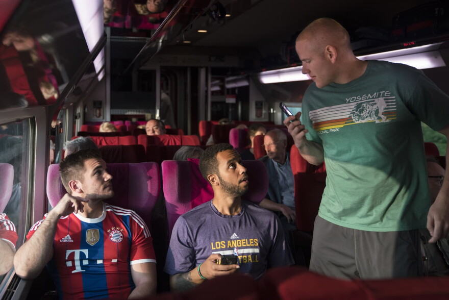 Alek Skarlatos (left), Anthony Sadler (middle) and Spencer Stone in a still from "The 15:17 to Paris." (Keith Bernstein/Warner Bros. Entertainment)