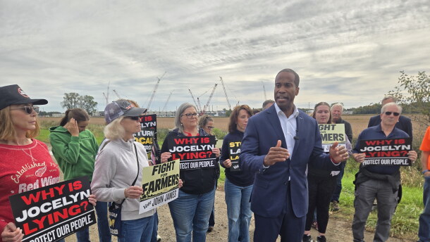 Republican gubernatorial candidate John James speaks outside the site of a planned data center in Saline Township on October 2, 2026.