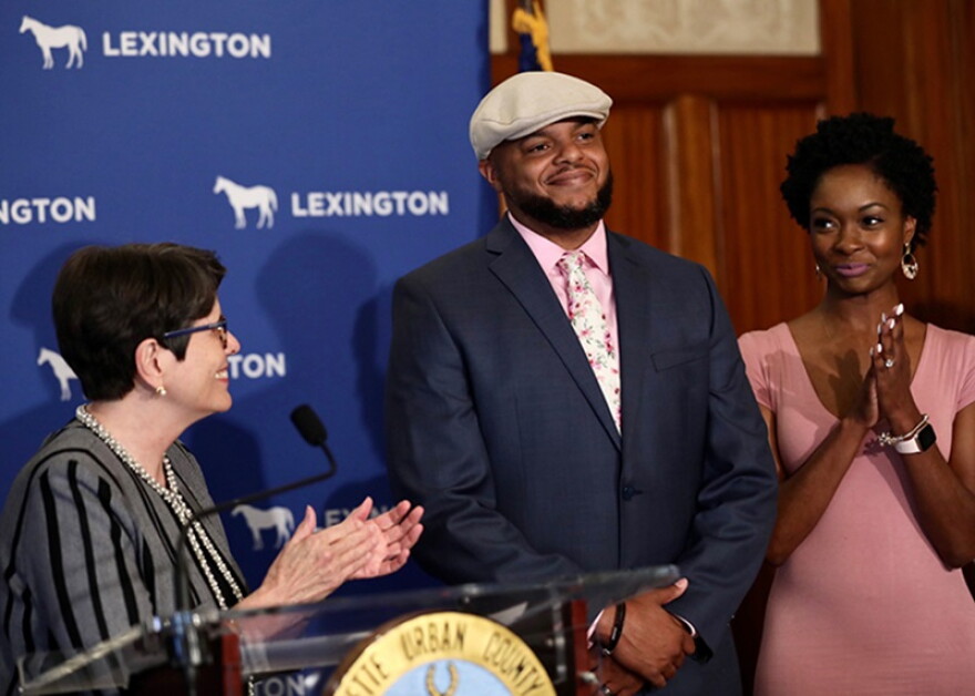Devine Carama, the director of One Lexington, encourages nonprofits and other groups to apply for the city's gun violence prevention grants, which Mayor Linda Gorton, left, says are helping reducing shootings and homicides.