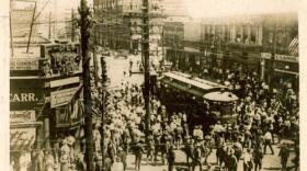 A mob stops a street car during the East St. Louis race riots, which started on July 2, 1917. 