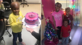 Left: Peyton Poe of Urbana, Illinois, on her 5th birthday in October 2018. Right: Peyton and her siblings, Christmas 2018.