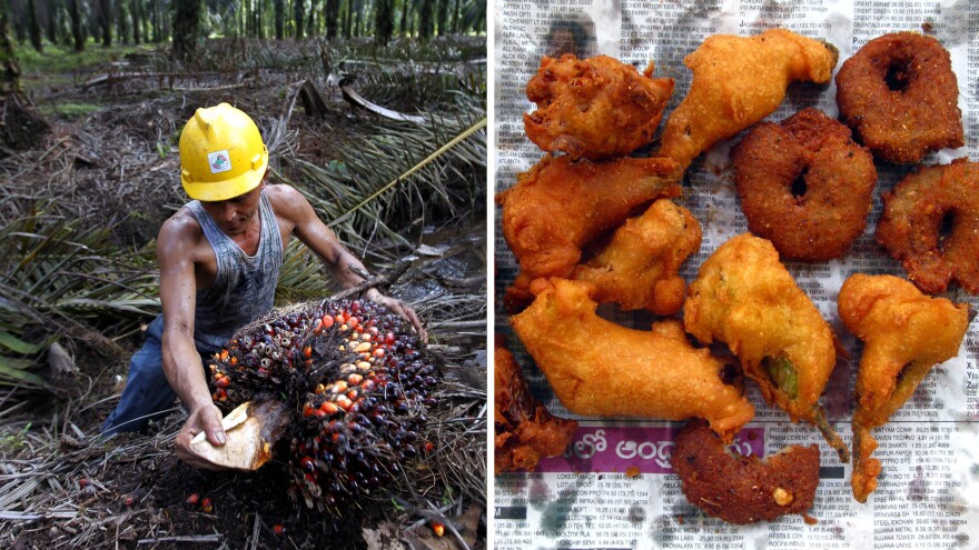 At left, an Indonesian farmer harvests palm oil near Tesso Nilo National Park, Indonesia. At right, onion <em>pakoras</em> made with palm oil in India.