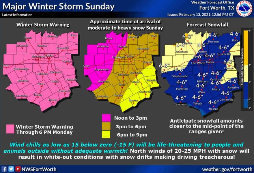 The National Weather Service in Fort Worth's graphic forecast calls for a winter storm warning through 6 p.m. Monday.