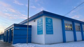 a blue and white building