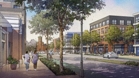 A rendering of West Main Street looking west toward the Chili and West avenues split and St. Mary's campus shows buildings along either side rising four and five stories.