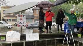 MPS social workers Angela Green and Courtney Chavez (left) were joined by U.S. Congresswoman Gwen Moore at a rally against gun violence Wednesday, a day after a mass shooting at an elementary school in Texas.