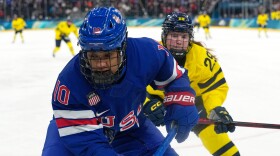 United States' Laila Edwards (10) challenges with Sweden's Felizia Wikner Zienkiewicz (29) during a women's ice hockey semifinal game between the United States and Sweden at the 2026 Winter Olympics, in Milan, Italy, Monday, Feb. 16, 2026.  