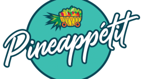 Blueish green circle with a stylized pineapple bowl and the company name, Pineappetit.