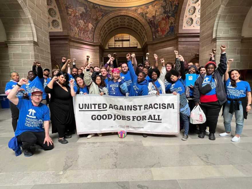 Members of the Missouri Workers Center gather Tuesday, March 12, 2024 for a lobby day at the Missouri State Capitol building in Jefferson City. If passed, bipartisan Clean Slate Initiative legislation would grant more than half a million Missourians automatic expungement of eligible arrest and conviction records.