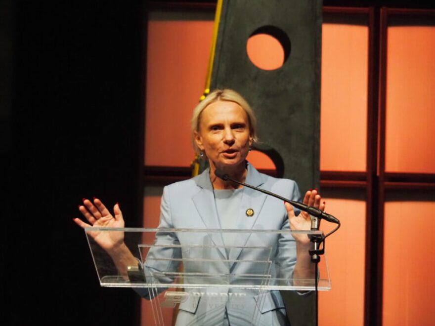 Victoria Spartz, a U.S. Rep. for Indiana’s 5th District, speaks at the Global Nuclear Economic Summit at Purdue University in West Lafayette, Indiana, on Nov. 5, 2025. Spartz is a white woman wearing a light gray suit, speaking at a podium. 