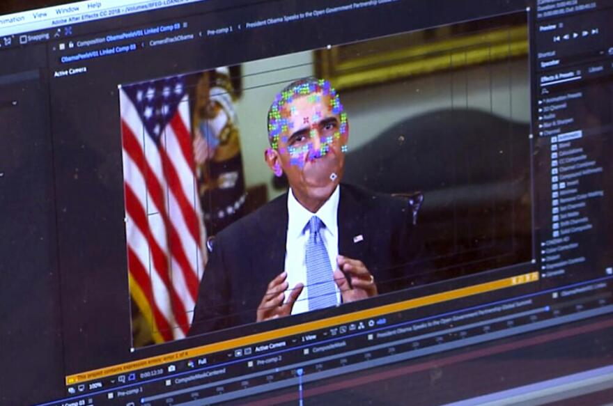 This image shows a fake video featuring former President Barack Obama. It shows elements of facial mapping used in new technology that lets anyone make videos of real people appearing to say things they've never said. (AP Photo)
