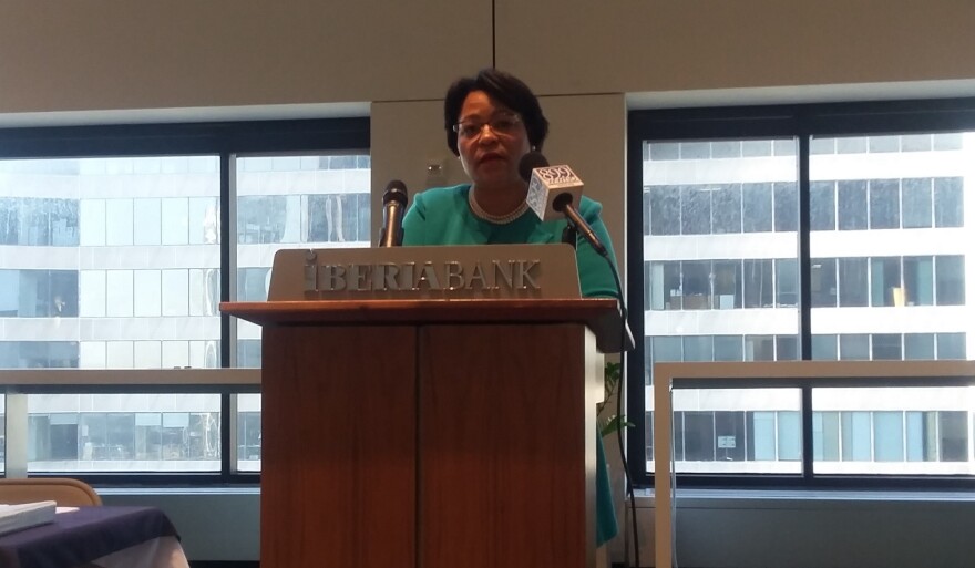 New Orleans Mayor LaToya Cantrell reviews her administration's plans, including moving City Hall, to a standing-room-only audience at Bureau of Governmental Research breakfast briefing.