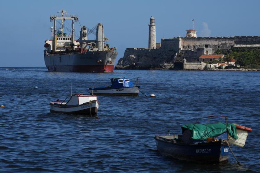 The Asian Katra cargo ship, top left, arrives in Havana Bay in Havana, Cuba, Monday, May 18, 2026. (Ramon Espinosa/AP)