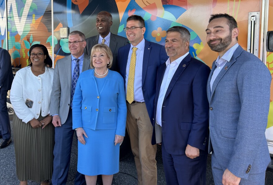 Gov. Matt Meyer (fifth from left) joins State Rep. Alonna Berry (first on left), Thomas Jefferson University President Susan Aldridge (third from left), and Sidney Kimmel Medical College Dean Said Ibrahim (fourth from left), and Jefferson Health CEO Joe Cacchione at the West Side Family Healthcare clinic in Dover.