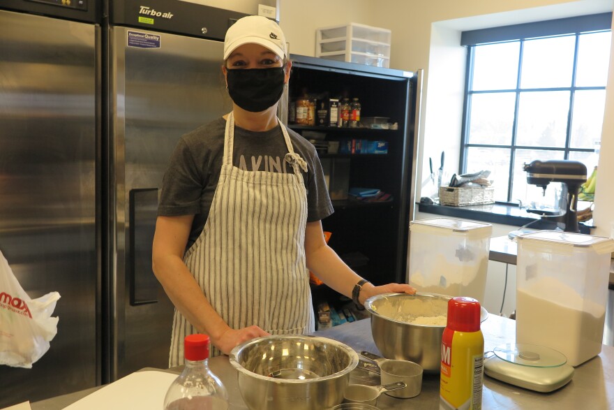 On this day, Sandi Eaton is preparing to bake up blueberry scones to sell at Rail Line Coffee.