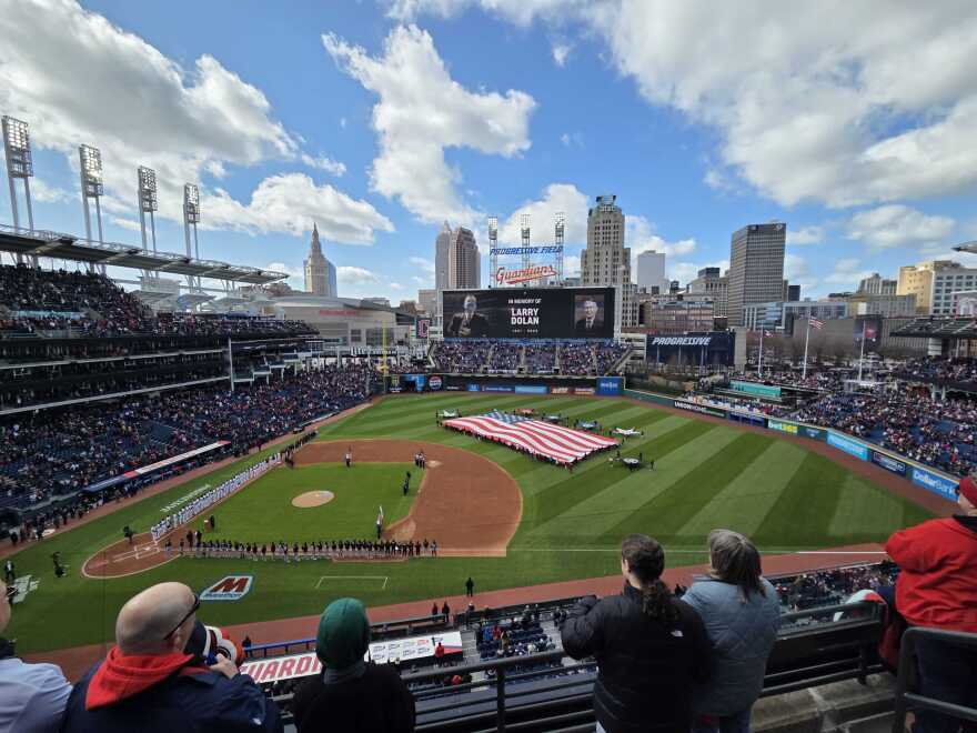 A photo of Progressive Field during the 2025 home opener activities on Apr. 8.
