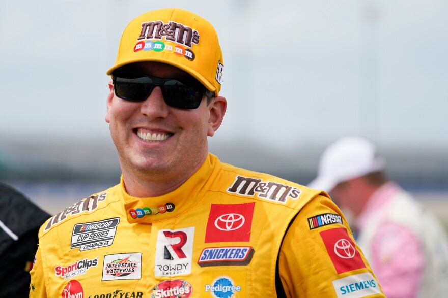 FILE - Kyle Busch waits for the start of a NASCAR Xfinity Series auto race Saturday, June 19, 2021, in Lebanon, Tenn. (AP Photo/Mark Humphrey, File)