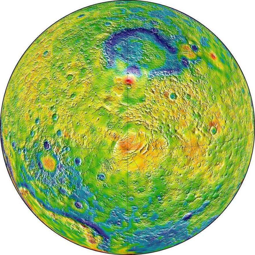 A map of Martian gravity looking down at the South Pole (center).