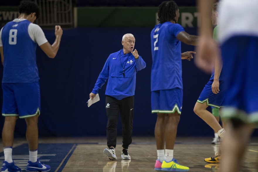 FGCU coach Pat Chambers instructs his players during their first practice on Monday, Sept. 21, 2026, at FGCU’s Alico Arena.