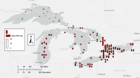 Map of the five Great Lakes with bars showing the amount of total PFAS for several locations in each.