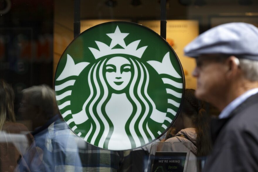 The Starbucks logo is seen on a storefront in Boston on Oct. 14, 2022.