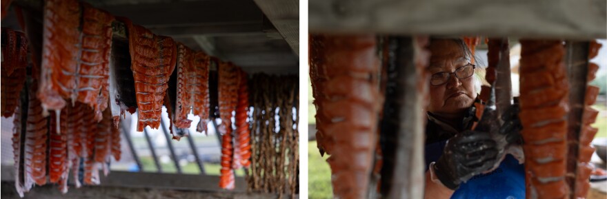 Helen Friend cuts and hangs salmon outside her home in Kwigillingok last month. Helen and her husband returned to the village after a brief evacuation following ex-typhoon Halong.
